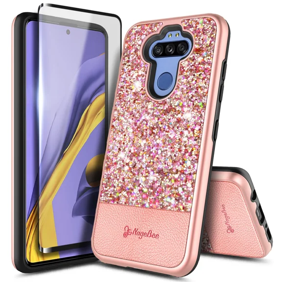 For Lg Phoenix 5 Phone Case, Bling Glitter Cover With Tempered Glass Protector