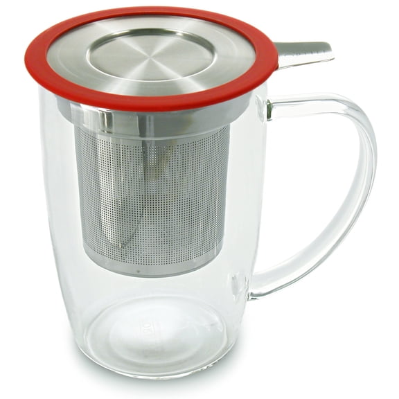 FORLIFE NewLeaf Glass Tea 16-Ounce Mug with Infuser and Lid, Red