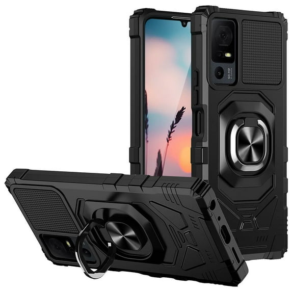 For Lively Jitterbug Smart 4 Robotic Ring Kickstand Phone Case + Tempered Glass - Black