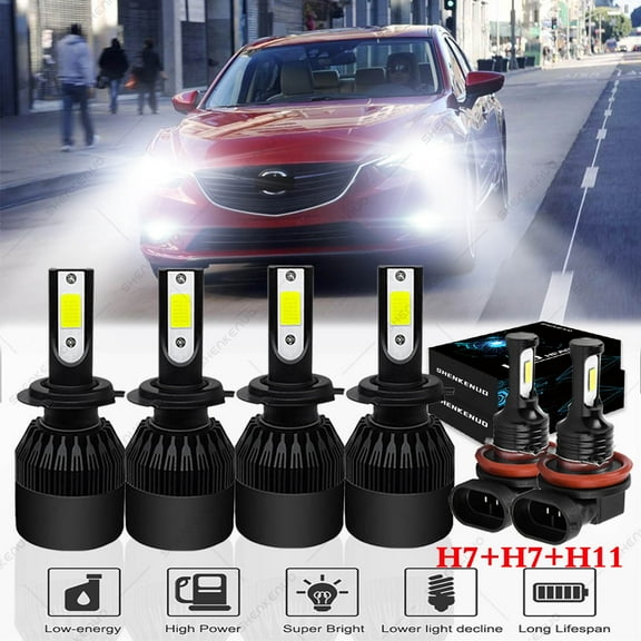 For Mazda 6 2011 2012 2013 6000K White Headlights H7 LED High Beam Low Beam +H11Fog light,6pcs