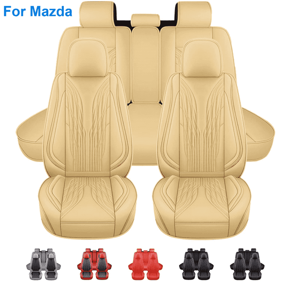 For Mazda Speed3 Seat Cover Full Set, Deluxe PU Leather 5 Seats Auto Front Rear Cushion Protector for 3, 6, CX-7 Beige