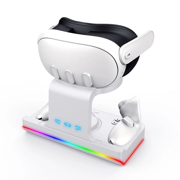 VR Controller Charging Station for Meta Quest 3, RGB Light Headset Stand Storage Display Station Hold-White