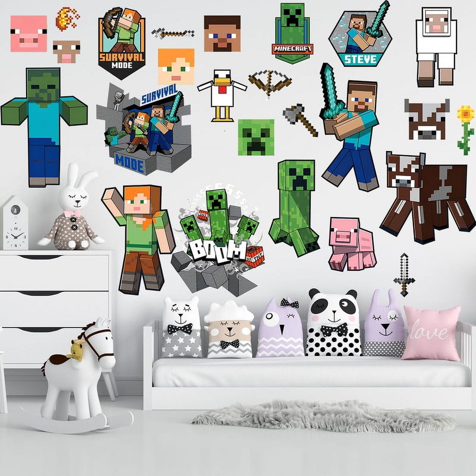 For Minecraft Theme Wall Stickers,Cartoon Art Wall Decals For Boys Girls Bedroom,9.44x13.77 inch Waterproof Wall Decor Wallpaper