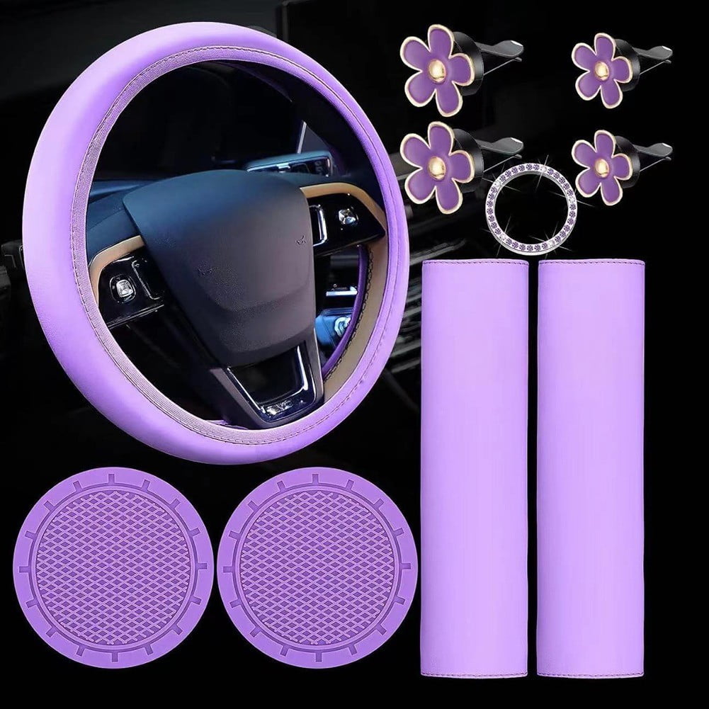 For Most Cars Feminine Car Decor Car Accessories Set Car Interior Decoration Pink Stylish Steering Wheel Cover