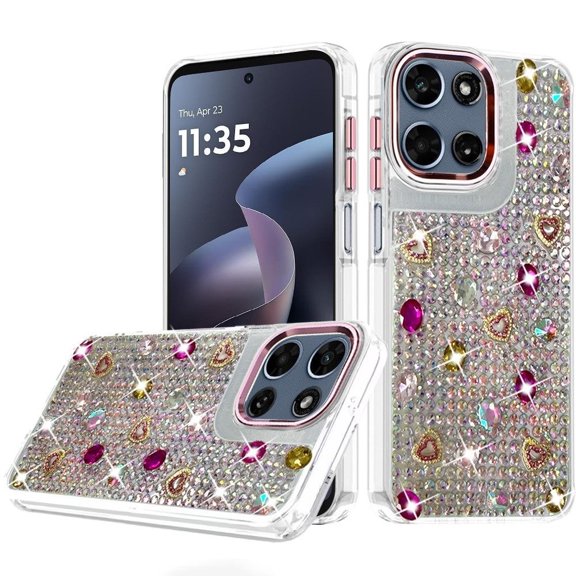 For Moto G 5G 2025/2026 / G PLAY 2026 Charming Hearts Bling Diamonds Stones Chrome Hybrid Case - Hot Pink