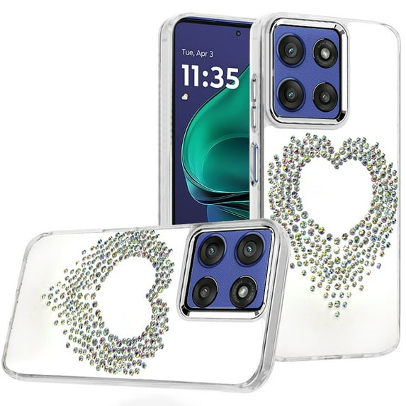 For Moto G Stylus 5G 2026/2025 Angel Hearts Bling Shimmer Colorful Glitter Chrome Edged Hybrid Case - Silver