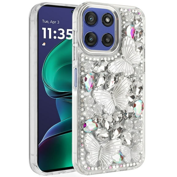 For Moto G Stylus 5G 2025 Lavished Floral Butterfly Bling Stones Hybrid Case - Silver