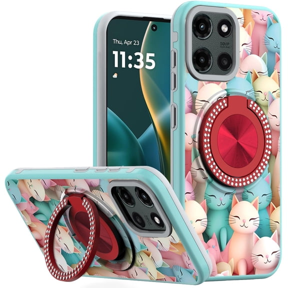 For Moto G Stylus 5G 2026/2025 Metal Diamond CD Pattern Design Matte Finished Hybrid with Rotational Ring [Car Mount Friendly] Case - Cats