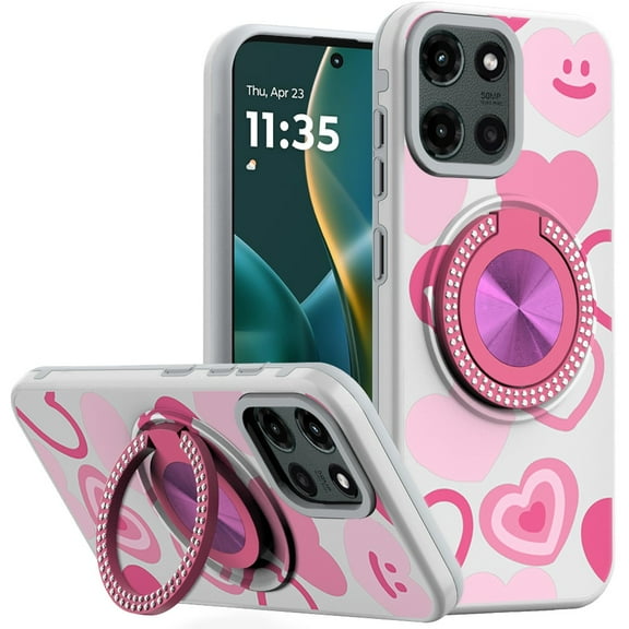 For Moto G Stylus 5G 2025 Metal Diamond CD Pattern Design Matte Finished Hybrid with Rotational Ring [Car Mount Friendly] Case - Hearts
