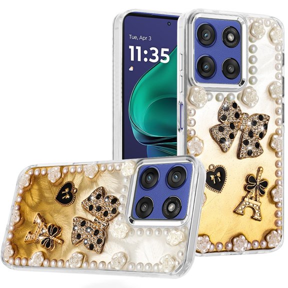 For Moto G Stylus 5G 2026/2025 Pearls Epoxy Glitter Ornaments Design Chrome Edged Case - 9