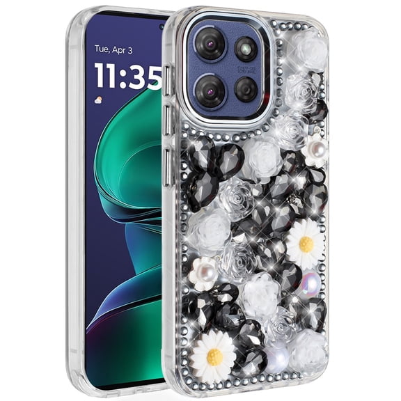 For Moto G Stylus 5G 2025 Spectacular Full Bling Stones Glitter HQ Hybrid Floral Series - Black