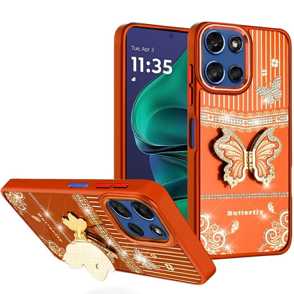 For Moto G Stylus 5G 2026/2025 Splendid Glitter Butterfly Design Stand with Metallic Edges Hybrid Case - Cosmic Orange