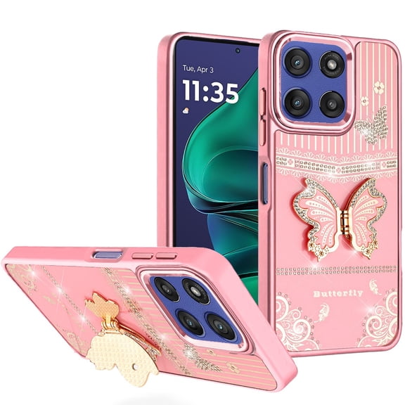 For Moto G Stylus 5G 2026/2025 Splendid Glitter Butterfly Design Stand with Metallic Edges Hybrid Case - Light Pink