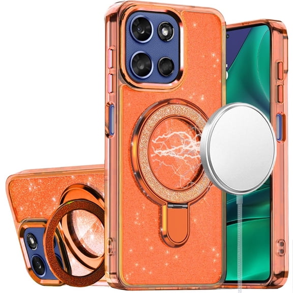 For Moto G Stylus 5G 2026/2025 Transparent Glitter Rotaional Magnetic Ring Stand HQ Hybrid - Cosmic Orange