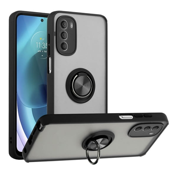 For Motorola Edge 2022 Impact Metal Ring Holder Stand Magnetic Car Mount Protective Hybrid Case Cover Black