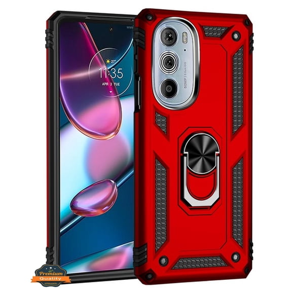 For Motorola Edge 2022 Shockproof Hybrid Dual Layer PC + TPU with Ring Stand Metal Kickstand Heavy Duty Armor Shell Phone Case Cover by Xpression - Red