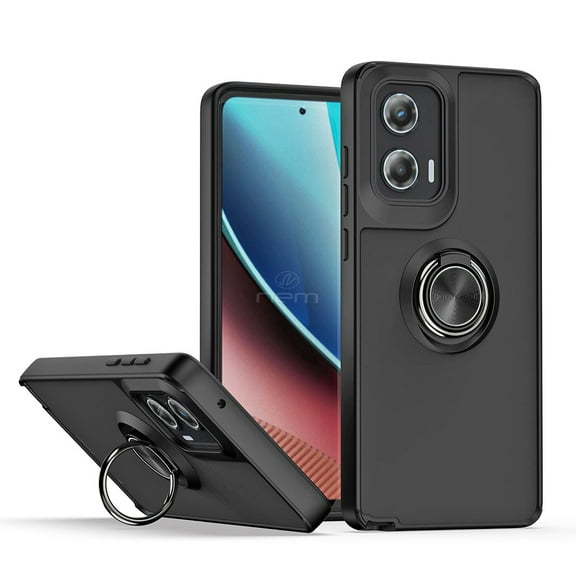 For Motorola Edge 2024 Impact Metal Ring Holder Stand Magnetic Car Mount Protective Hybrid Case Cover Black