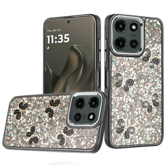 For Motorola Edge 2025 Cute Butterfly Ornaments Diamonds Shimmer Matching Metallic HQ Hybrid - Black