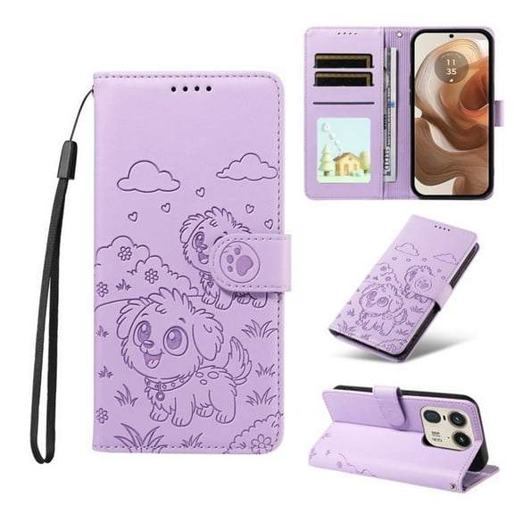 For Motorola Edge 50 Ultra 5G Dog Embossing Leather Phone Case with RFID Blocking Card Slot Wallet Magnetic Clasp Lanyard Flip Stand Case,Purple