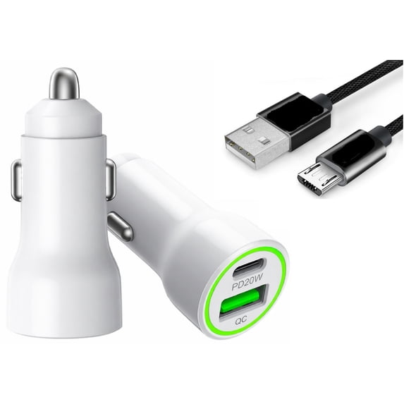 For Motorola Moto E 2020 XT2052DL / Moto E7 XT20522PP 18W Car Charger PD + 2.4A USB with 3FT Blue Braided Type A to Micro USB