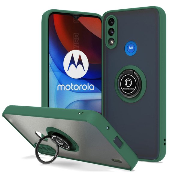 For Motorola Moto E7 Power 2021 Impact Metal Ring Holder Stand Magnetic Car Mount Protective Hybrid Case Cover Green