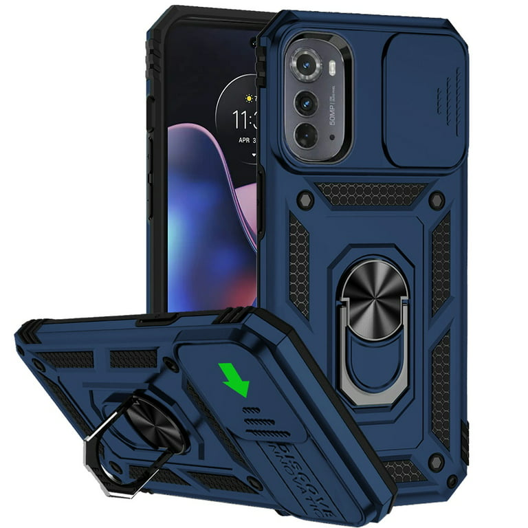 For Motorola Moto Edge (2022) Hybrid Case with Camera Lens Protection & 360°  Rotate Ring Kickstand TPU Hard Bumper Cover ,Xpm Phone Case [ Blue ] 