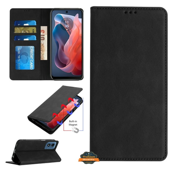 For Motorola Moto Edge 2024 Wallet Pouch with Credit Card Holder Flip Card Slots, Kickstand and Magnetic Closure PU Vegan Leather Phone Case Cover by Xpression - Black