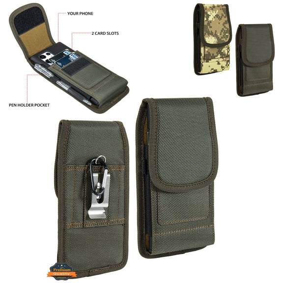 For Motorola Moto G 5G 2023 Universal Nylon Pouch Case Vertical Phone Holster with Dual Card Slots, Pen Holder, Belt Clip Loop & Hook Cover - Green