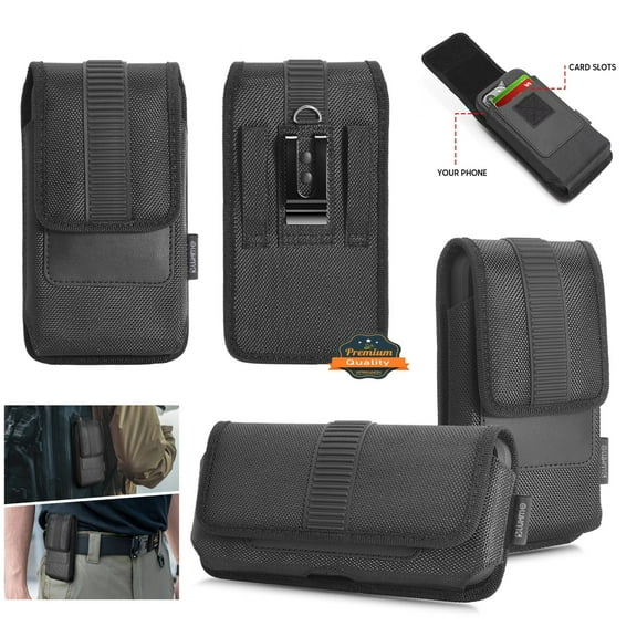 For Motorola Moto G 5G 2023 Universal Vertical Nylon Phone Case Carrying Pouch Cover with Card Storage Pocket & Belt Clip Loop Holster Front Grip - Black