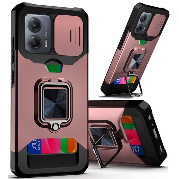 For Motorola Moto G 5G 2023 Wallet Case with Ring Stand & Slide Camera Cover Credit Card Holder, Military Grade Hard Cover ,Xpm Phone Case [ Rose Gold ]