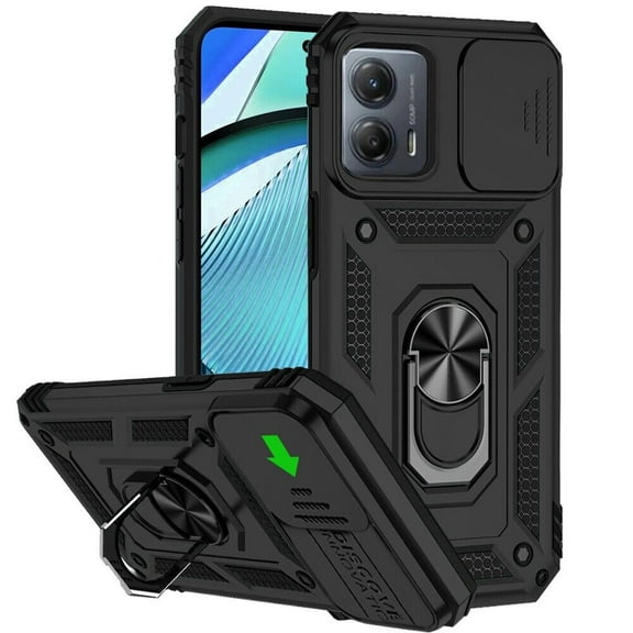 For Motorola Moto G 5G 2024 Camera Push Magnetic Ring Hybrid Kickstand Cover Cell Phone Case - Black