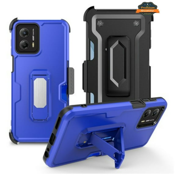 For Motorola Moto G 5G 2024 Hybrid Invisible ID Credit Card Slot Wallet with Kickstand Holster Belt Clip Holder Heavy Duty Phone Case Cover by Xpression - Blue