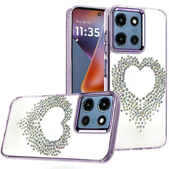 For Motorola Moto G 5G 2025 Angel Hearts Bling Shimmer Colorful Glitter Chrome Edged Hybrid Case - Purple