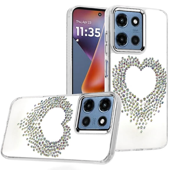 For Motorola Moto G 5G 2025 Angel Hearts Bling Shimmer Colorful Glitter Chrome Edged Hybrid Case - Silver