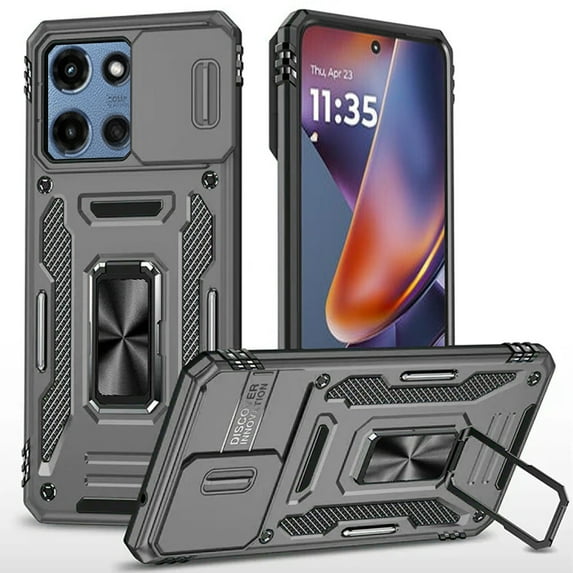 For Motorola Moto G 5G 2025 Case, Tough Hybrid Case with Movable Camera Window & Metal Ring Stand Shockproof Phone Cover (Gray)