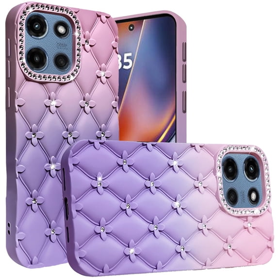 For Moto G 5G 2025/2026 - G Play 2026 - Floral Joy Glitter Shimmer Leather Feel Thick TPU Case - Light Pink/Light Purple