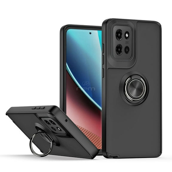 For Motorola Moto G 5G 2025 Impact Metal Ring Holder Stand Magnetic Car Mount Protective Hybrid Case Cover Black