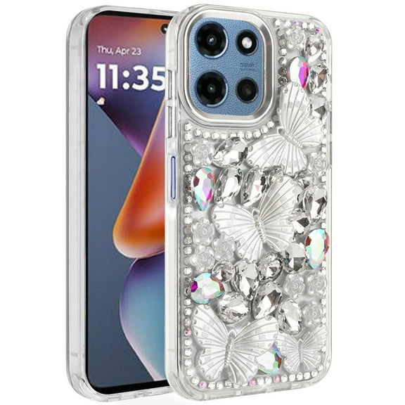 For Motorola Moto G 5G 2025 Lavished Floral Butterfly Bling Stones Hybrid Case - Silver