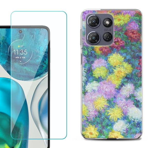 For Motorola Moto G 5G 2025 Phone Case Cover with Tempered Glass Screen Protector, by OneToughShield - Chrysanthemums