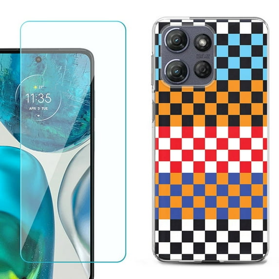 For Motorola Moto G 5G 2025 Phone Case Cover with Tempered Glass Screen Protector, by OneToughShield - Colorful Checker
