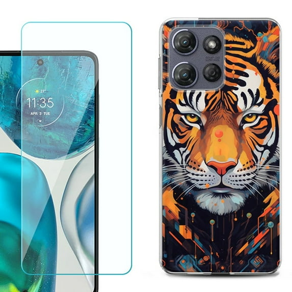 For Motorola Moto G 5G 2025 Phone Case Cover with Tempered Glass Screen Protector, by OneToughShield - Cyberpunk Tiger