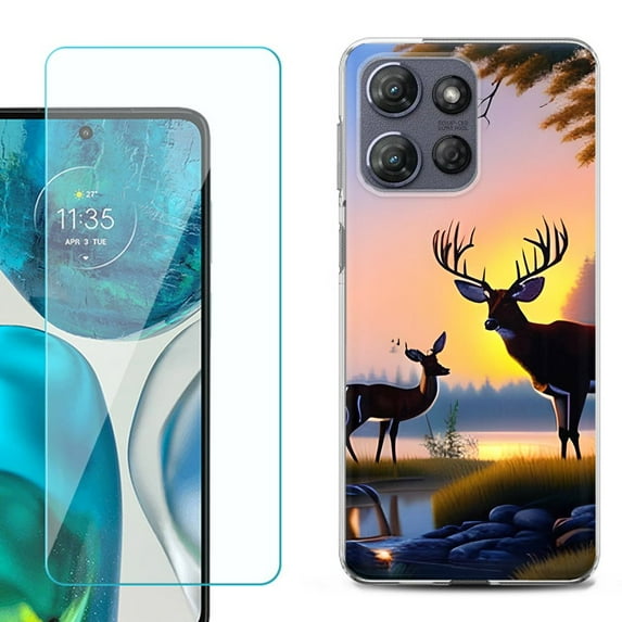 For Motorola Moto G 5G 2025 Phone Case Cover with Tempered Glass Screen Protector, by OneToughShield - Deer Sunset