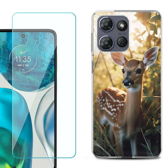 For Motorola Moto G 5G 2025 Phone Case Cover with Tempered Glass Screen Protector, by OneToughShield - Fawn Deer