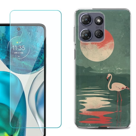 For Motorola Moto G 5G 2025 Phone Case Cover with Tempered Glass Screen Protector, by OneToughShield - Flamingo Sunset