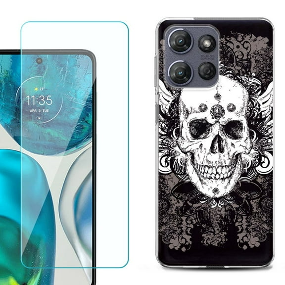 For Motorola Moto G 5G 2025 Phone Case Cover with Tempered Glass Screen Protector, by OneToughShield - Grunge Skull