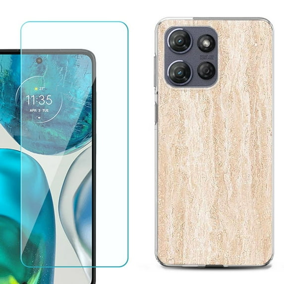 For Motorola Moto G 5G 2025 Phone Case Cover with Tempered Glass Screen Protector, by OneToughShield - Marble/Coffee Tone