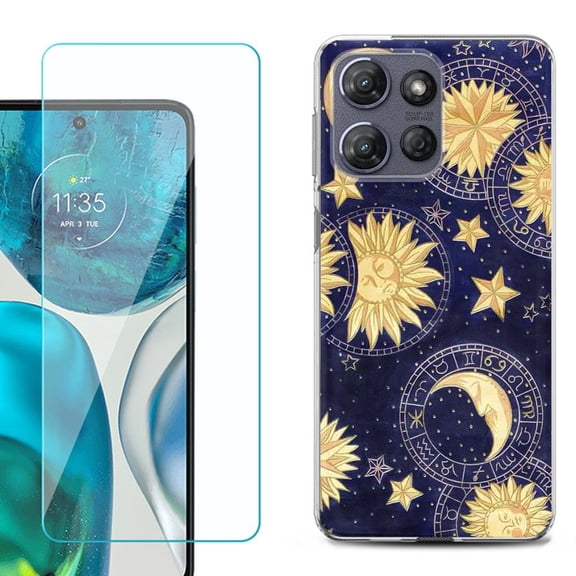For Motorola Moto G 5G 2025 Phone Case Cover with Tempered Glass Screen Protector, by OneToughShield - Moon Sun Star