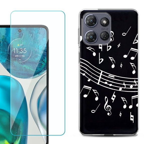 For Motorola Moto G 5G 2025 Phone Case Cover with Tempered Glass Screen Protector, by OneToughShield - Music Notes / Black