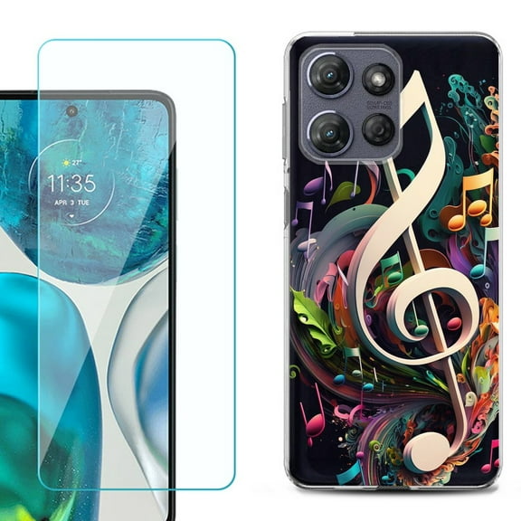 For Motorola Moto G 5G 2025 Phone Case Cover with Tempered Glass Screen Protector, by OneToughShield - Music Notes Colorful