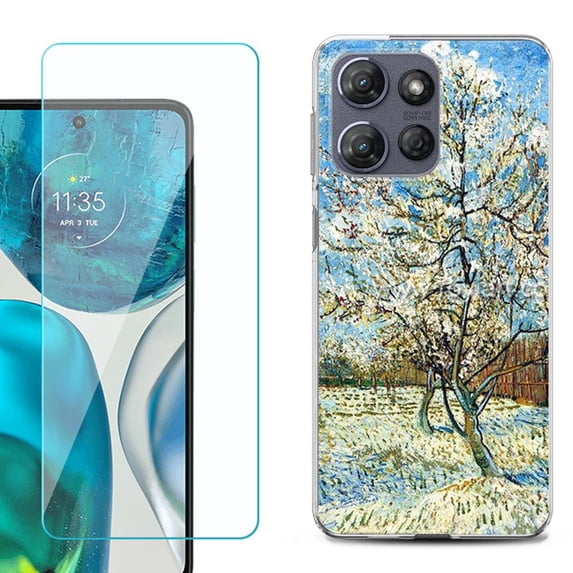 For Motorola Moto G 5G 2025 Phone Case Cover with Tempered Glass Screen Protector, by OneToughShield - Peach Tree Blossom